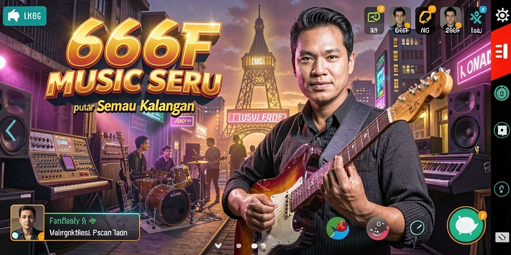 Tampilan gameplay seru dalam aplikasi 666F dengan musik yang menarik.