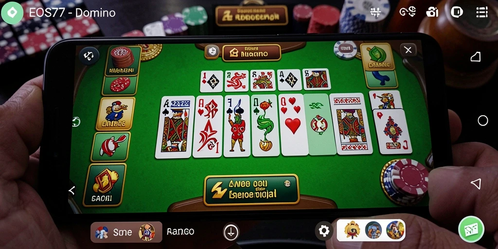 Screenshot utama EOS77 menampilkan gameplay domino yang seru.