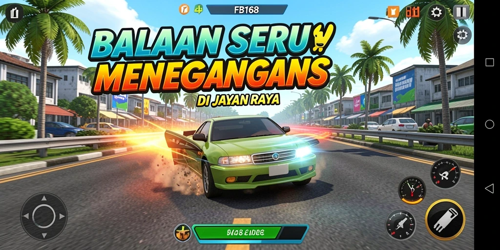Tampilan gameplay seru FB168 dengan balapan yang menantang dan mobil yang cepat.