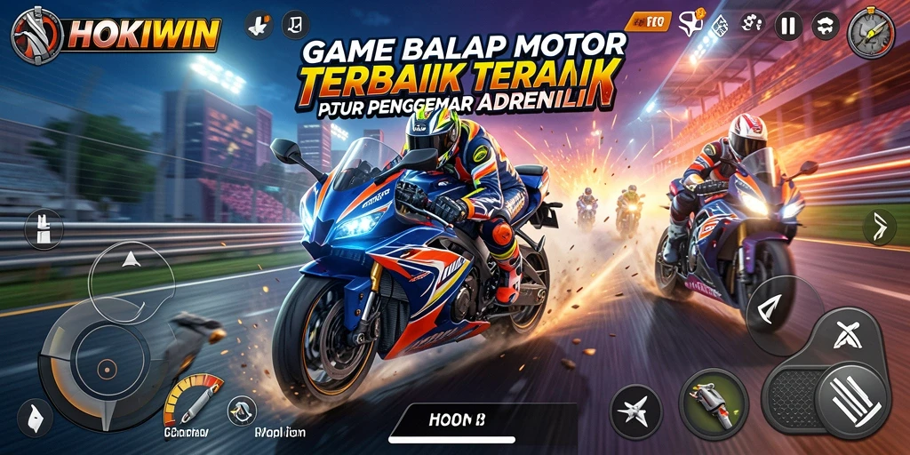 Tampilan gameplay menarik dari HOKIWIN menampilkan balap motor yang seru dan penuh aksi.