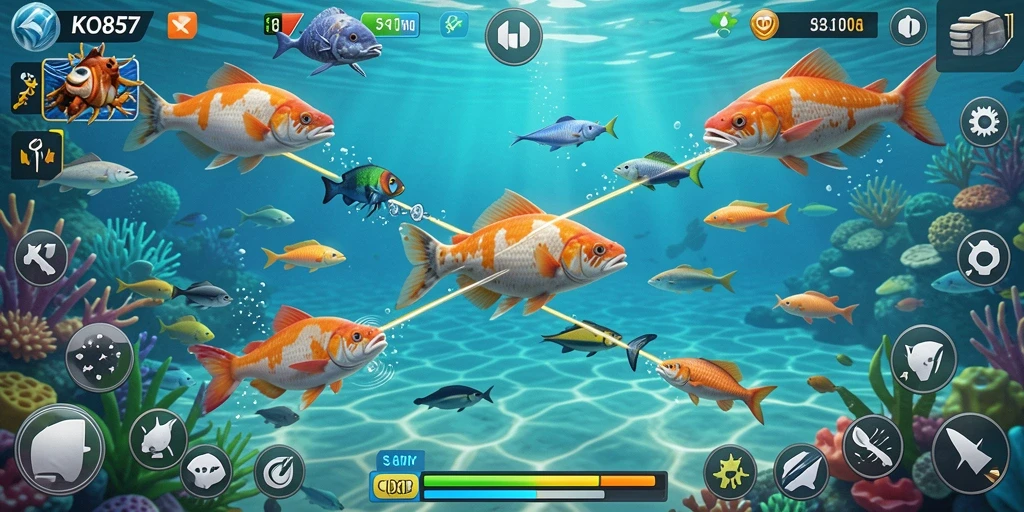 Tampilan gameplay KO857 menampilkan aksi menembak ikan yang mendebarkan.