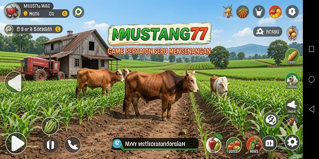 Screenshot gameplay <strong>MUSTANG77</strong> yang menunjukkan kebun yang subur dan aktivitas bertani.