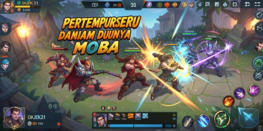 Screenshot utama OKJEK21 menampilkan arena pertempuran yang intens di game MOBA.