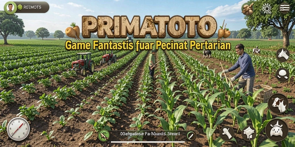 Tampilan menarik gameplay <strong>PRIMATOTO</strong> dengan ladang hijau subur.