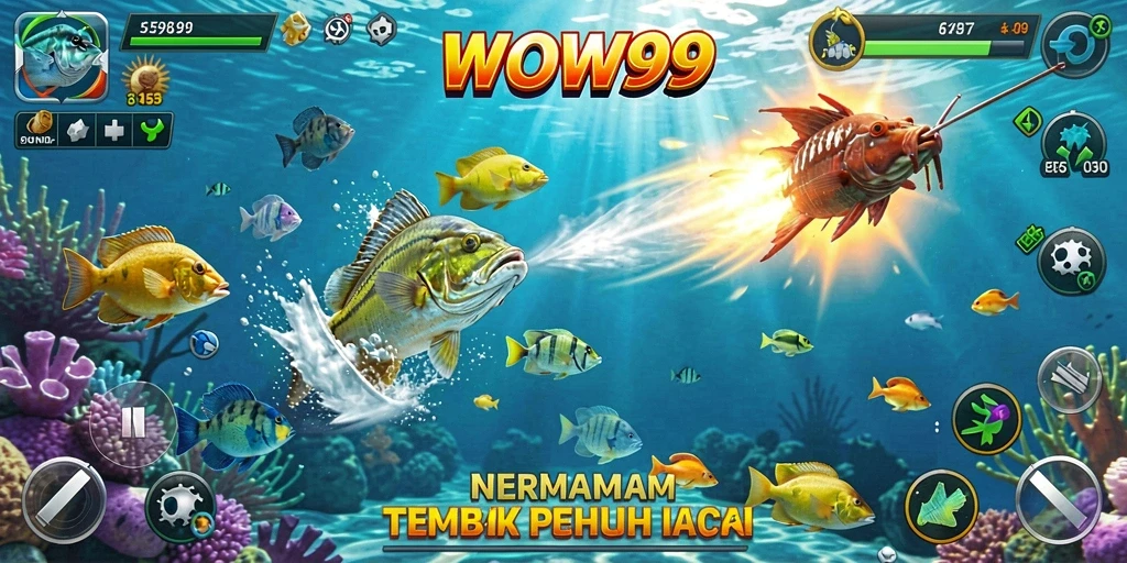 Tampilan menarik dari gameplay Tembak Ikan WOW99 dengan ikan berwarna-warni.