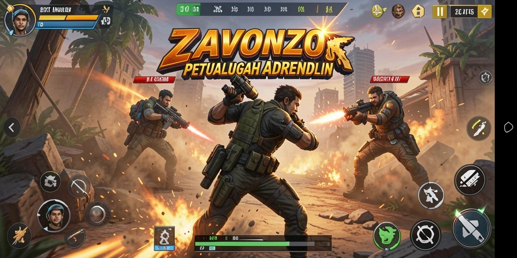 Screenshot gameplay ZAVONZO menampilkan aksi seru dan pertarungan epik.